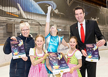 Freuen sich auf das Eismärchen des GSC (v.l.n.r.) GSC-Vizepräsidentin Silke Uerschels, Fiona, Lena, Lana und Stefan Ertelt von der Sparkasse am Niederrhein.
